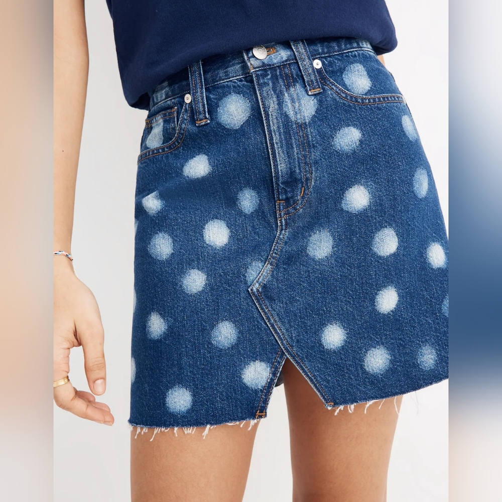 Madewell Rigid Denim A-Line Mini Skirt Polka Dot Edition Size 32